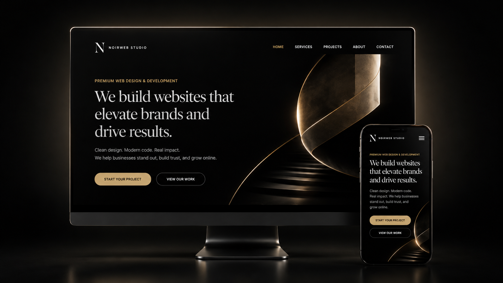 NoirWeb Studio responsive website shown on desktop and mobile mockups.